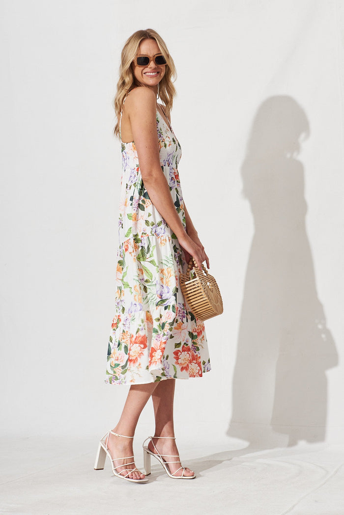 Greta Midi Sun Dress In White With Multi Floral Linen Blend - side