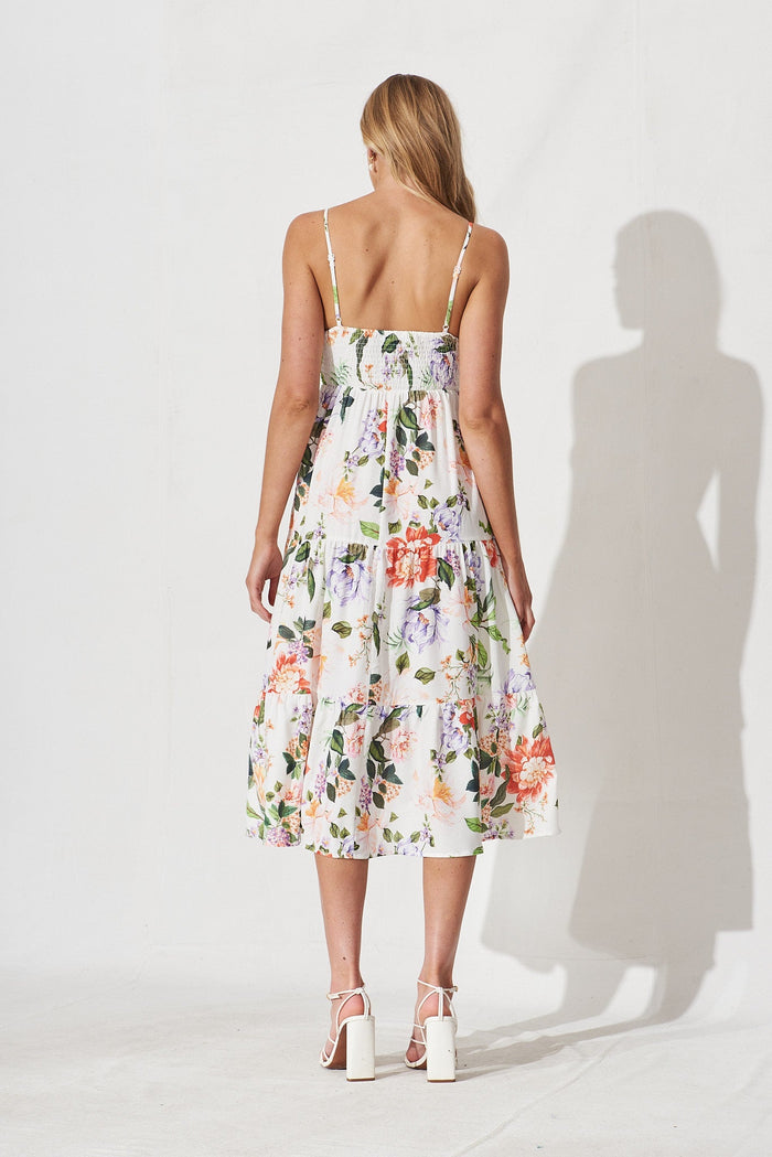 Greta Midi Sun Dress In White With Multi Floral Linen Blend - back