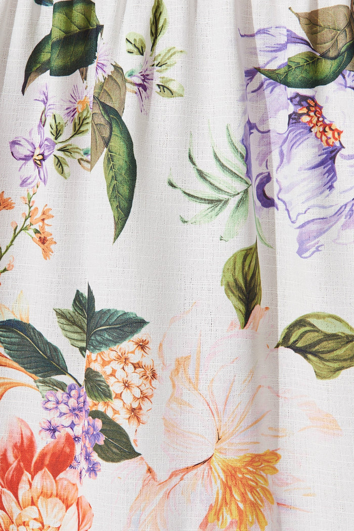 Greta Midi Sun Dress In White With Multi Floral Linen Blend - fabric
