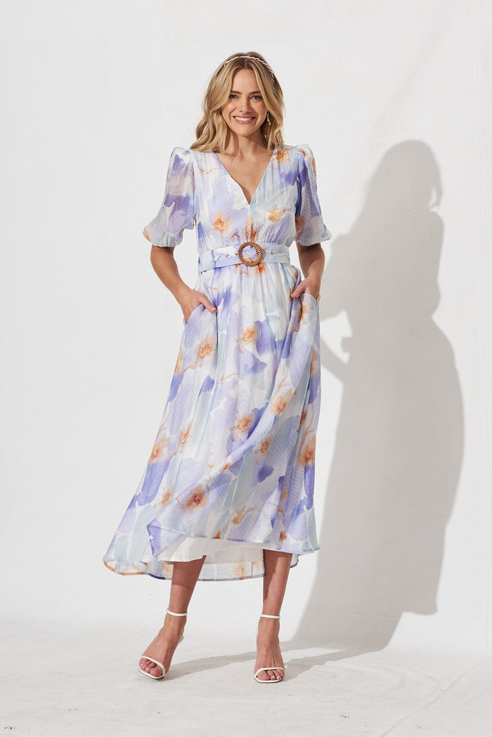 Dilly Midi Dress In White With Purple Watercolour Print - full length