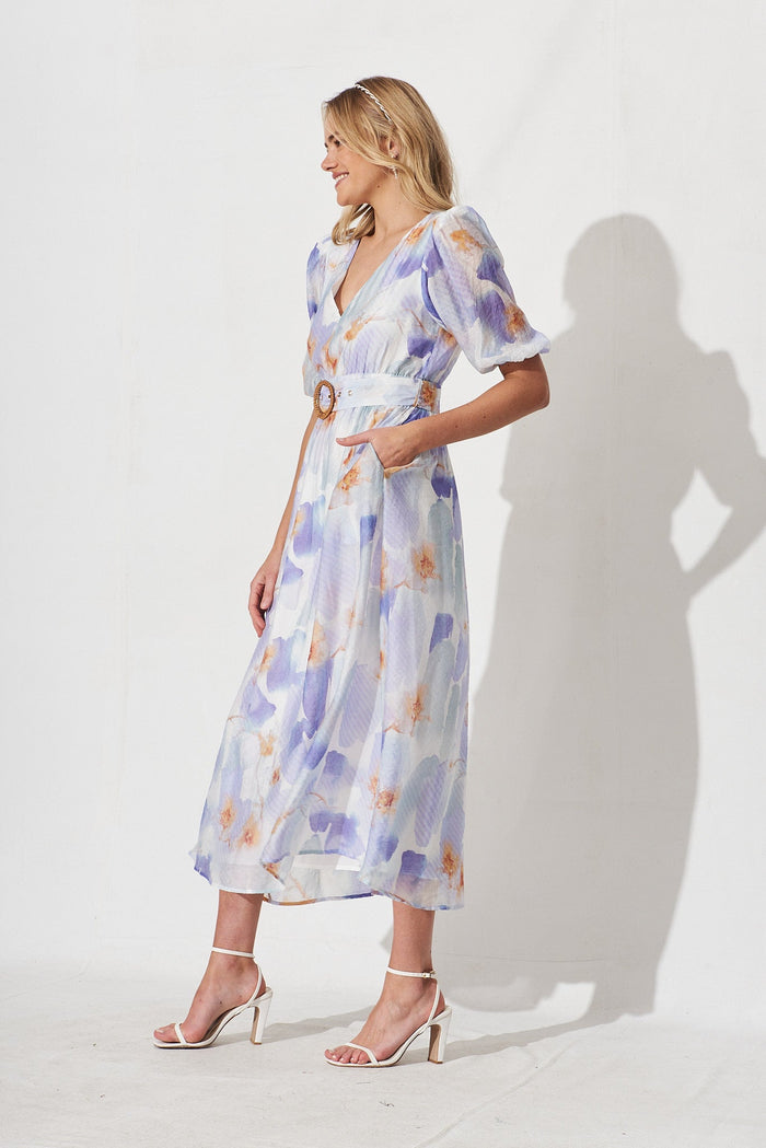 Dilly Midi Dress In White With Purple Watercolour Print - side