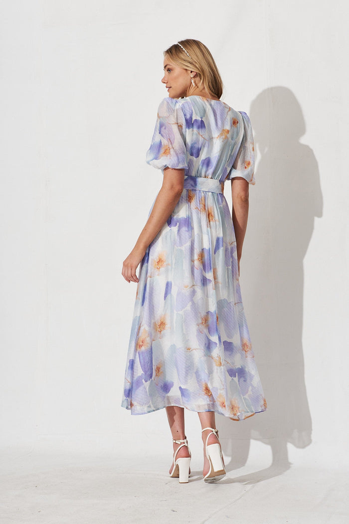 Dilly Midi Dress In White With Purple Watercolour Print - back