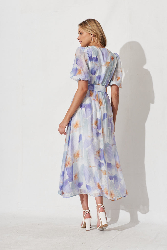 Dilly Midi Dress In White With Purple Watercolour Print - back