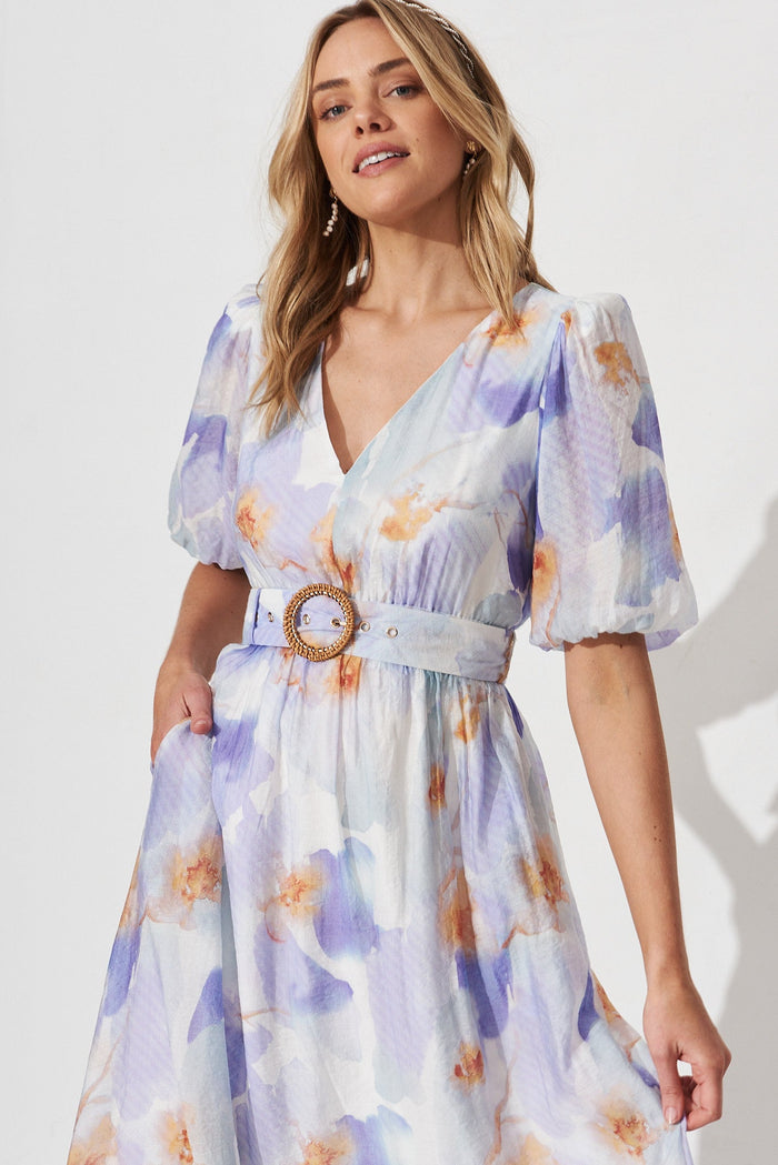 Dilly Midi Dress In White With Purple Watercolour Print - front
