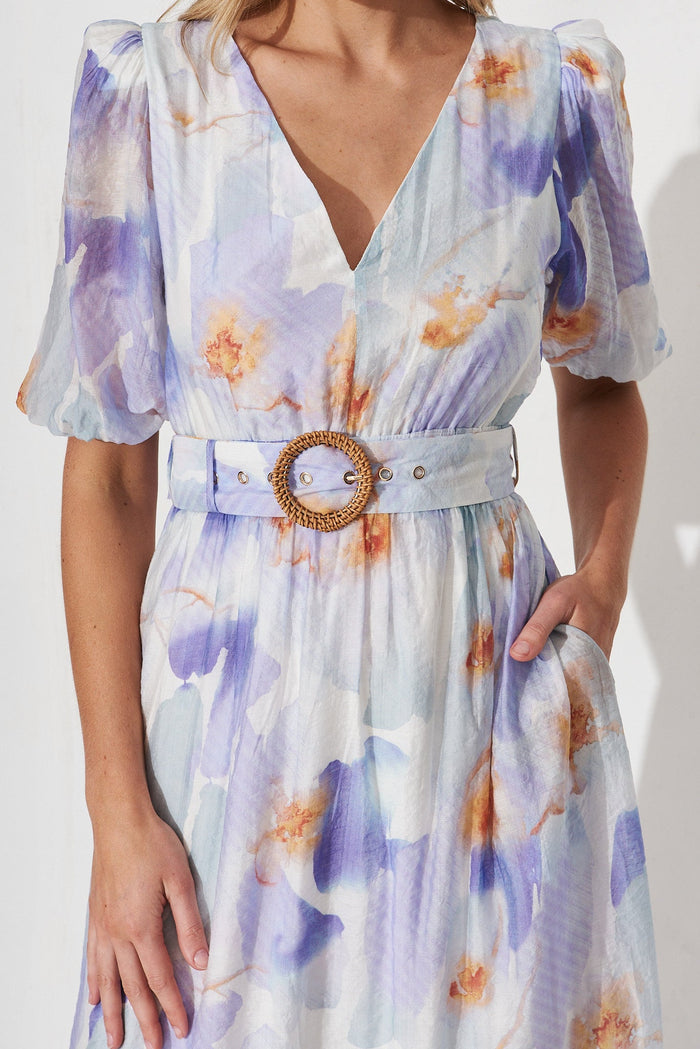 Dilly Midi Dress In White With Purple Watercolour Print - detail