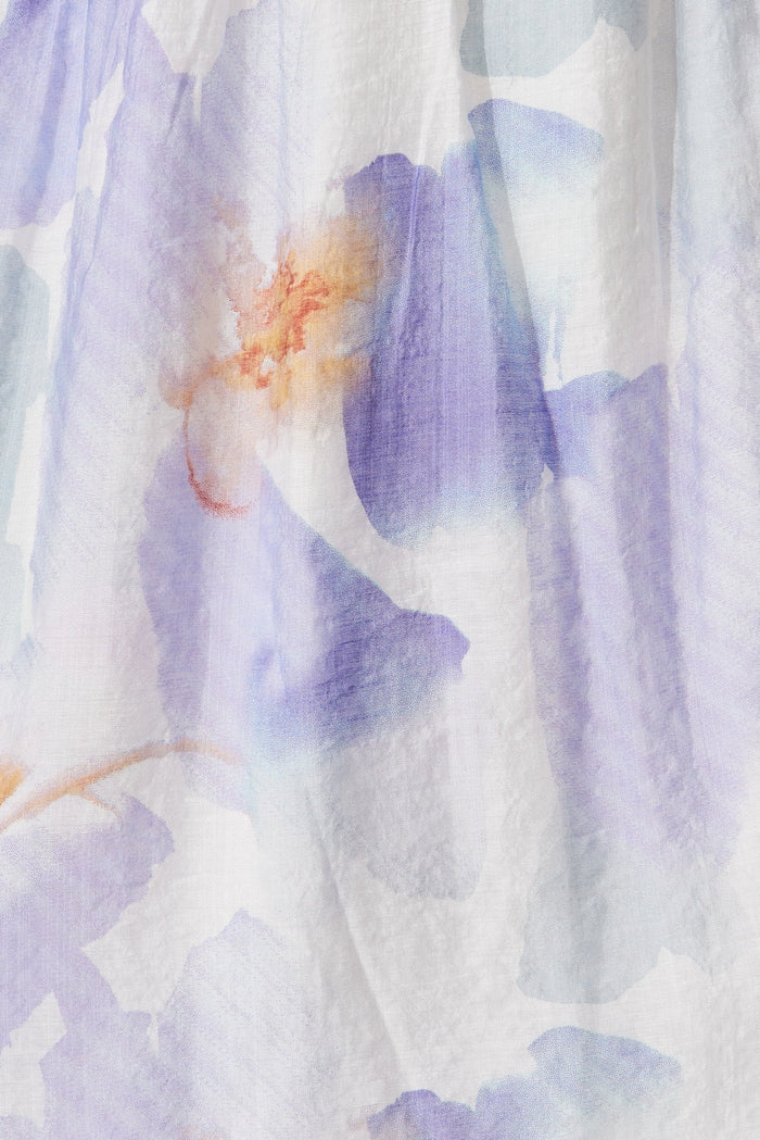 Dilly Midi Dress In White With Purple Watercolour Print - fabric