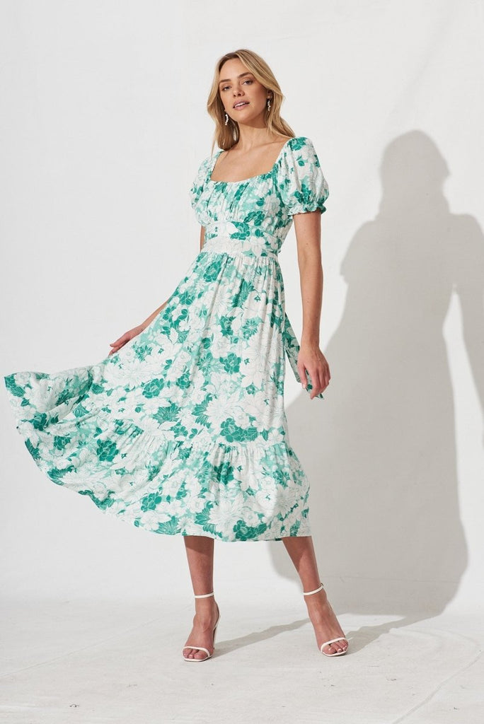 Candie Midi Dress In Green With White Floral - St Frock (Dev)