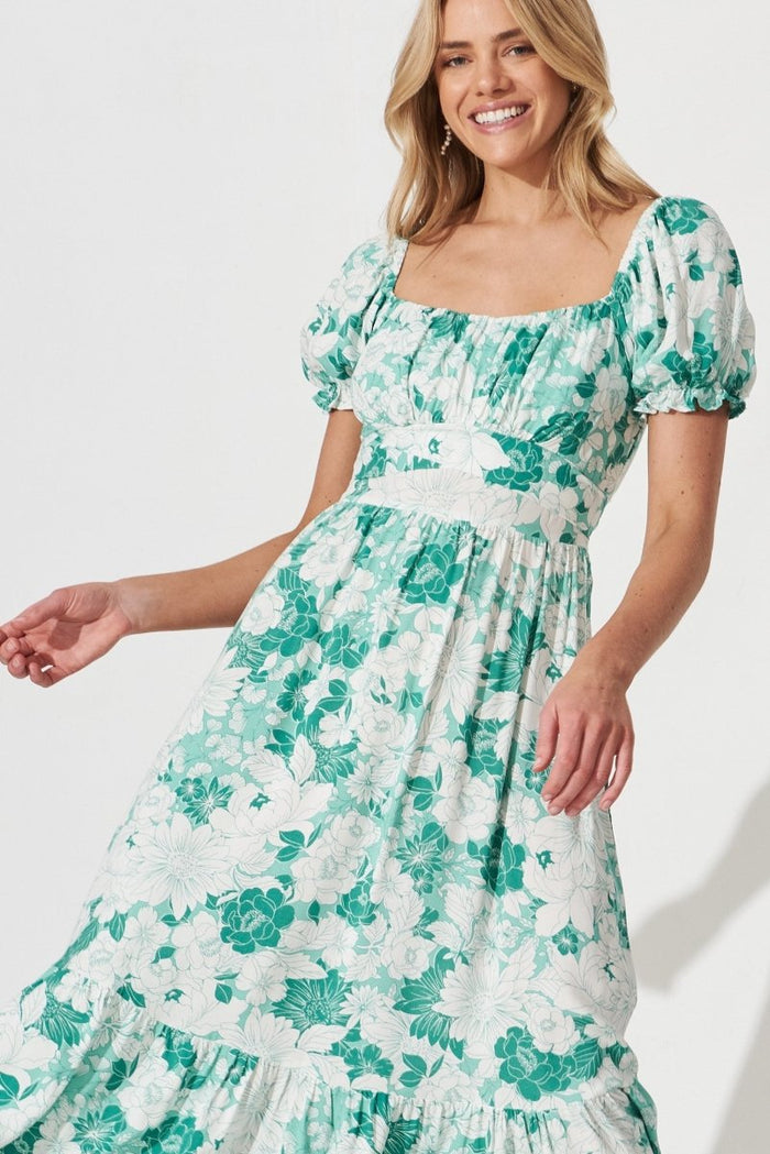 Candie Midi Dress In Green With White Floral - St Frock (Dev)