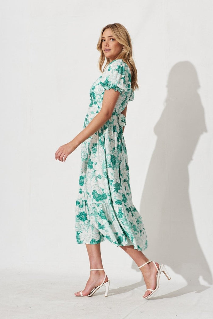 Candie Midi Dress In Green With White Floral - St Frock (Dev)