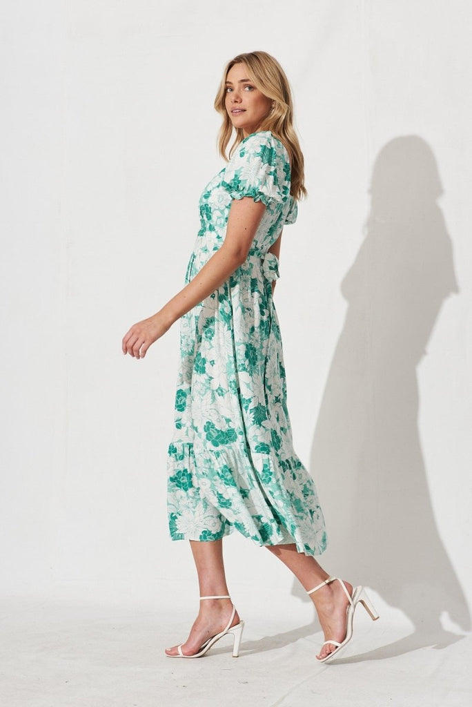 Candie Midi Dress In Green With White Floral - St Frock (Dev)