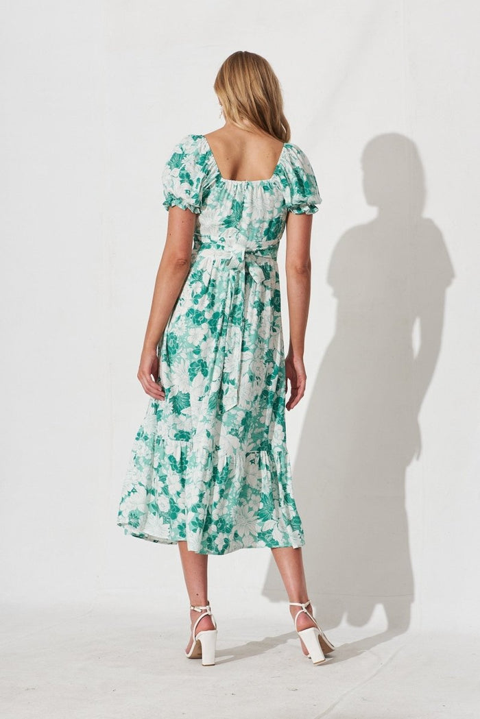 Candie Midi Dress In Green With White Floral - St Frock (Dev)