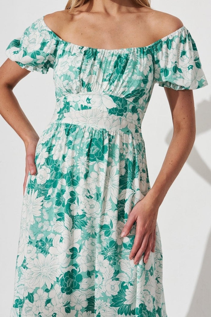 Candie Midi Dress In Green With White Floral - St Frock (Dev)