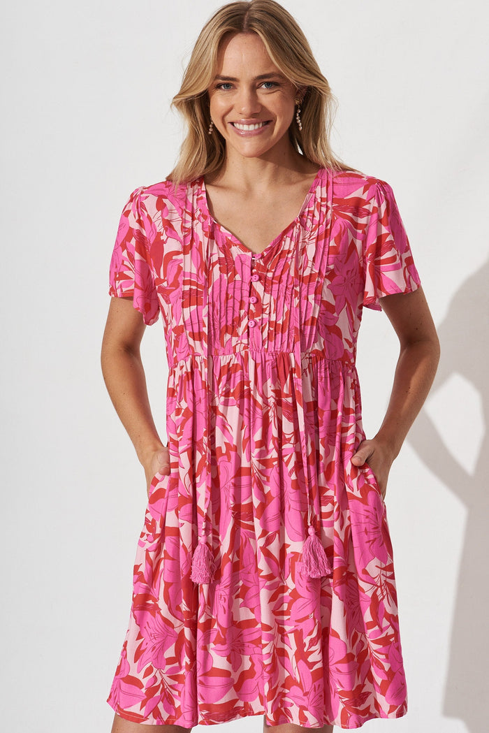 Keily Smock Dress In Pink Floral - front