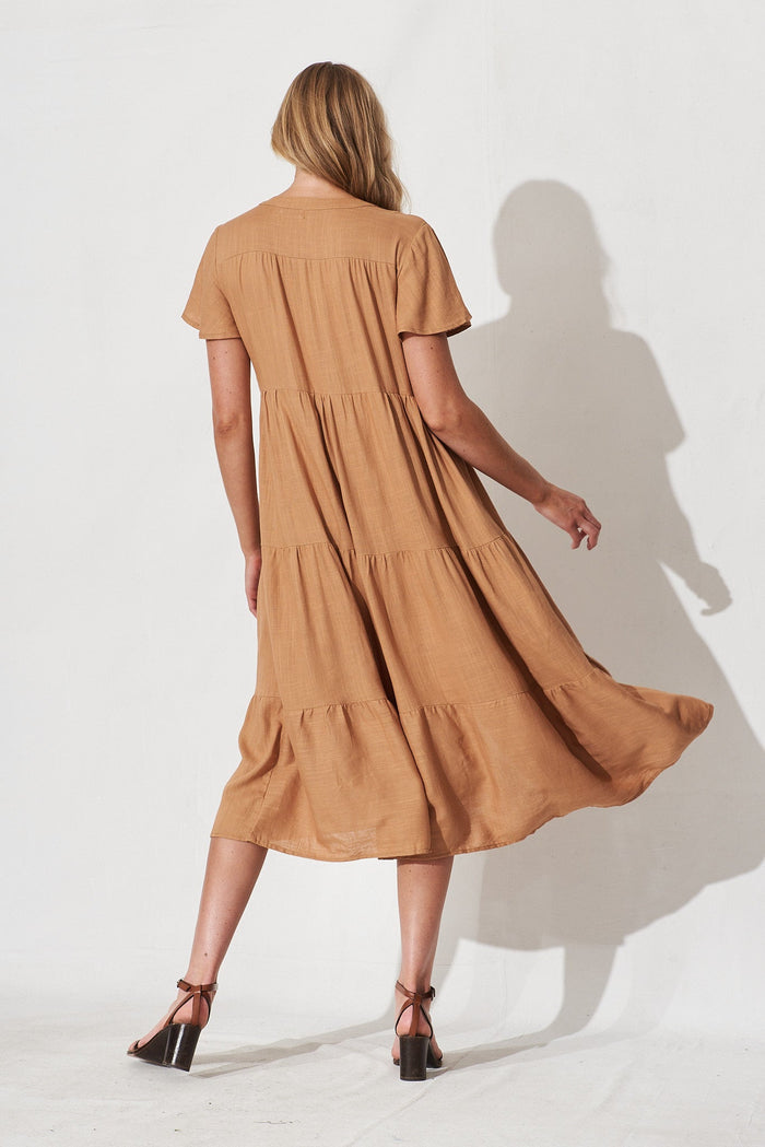 Marvela Midi Shirt Dress In Tan Linen Blend - back