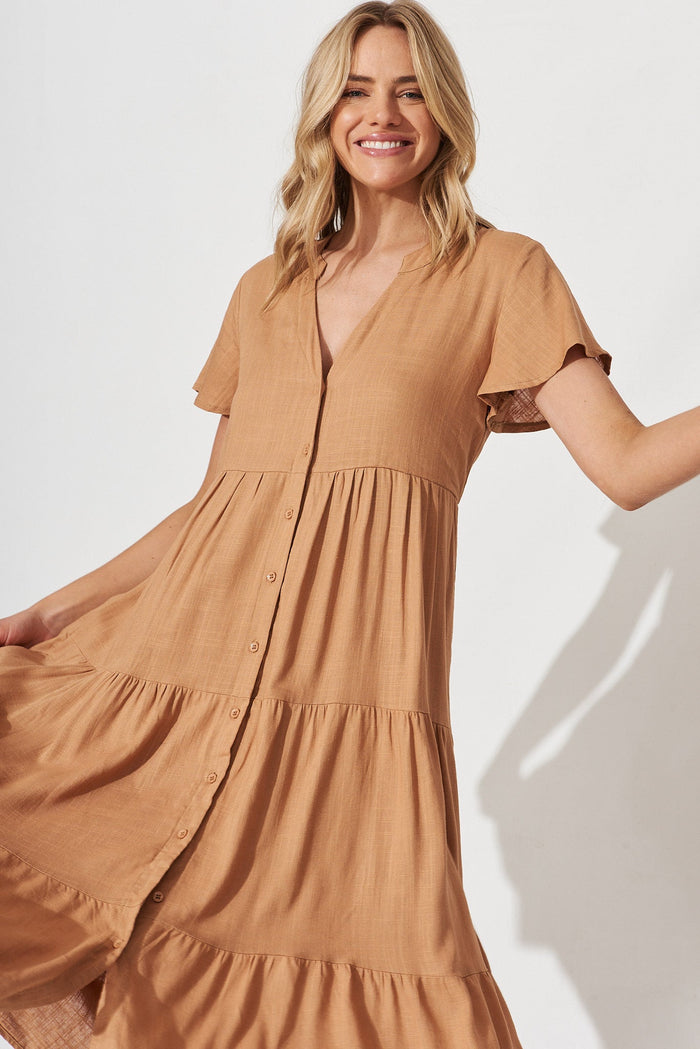 Marvela Midi Shirt Dress In Tan Linen Blend - front