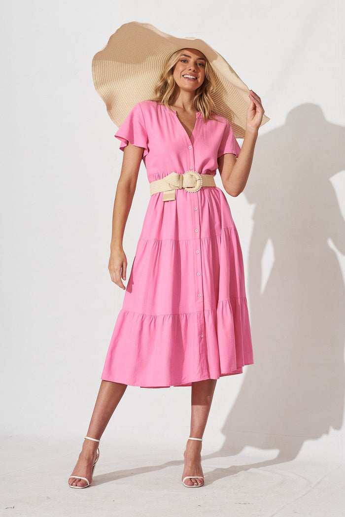 Marvela Midi Shirt Dress In Candy Pink Linen Blend - full length