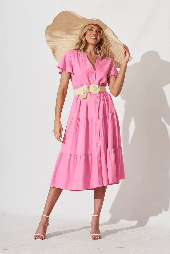 Marvela Midi Shirt Dress In Candy Pink Linen Blend - full length