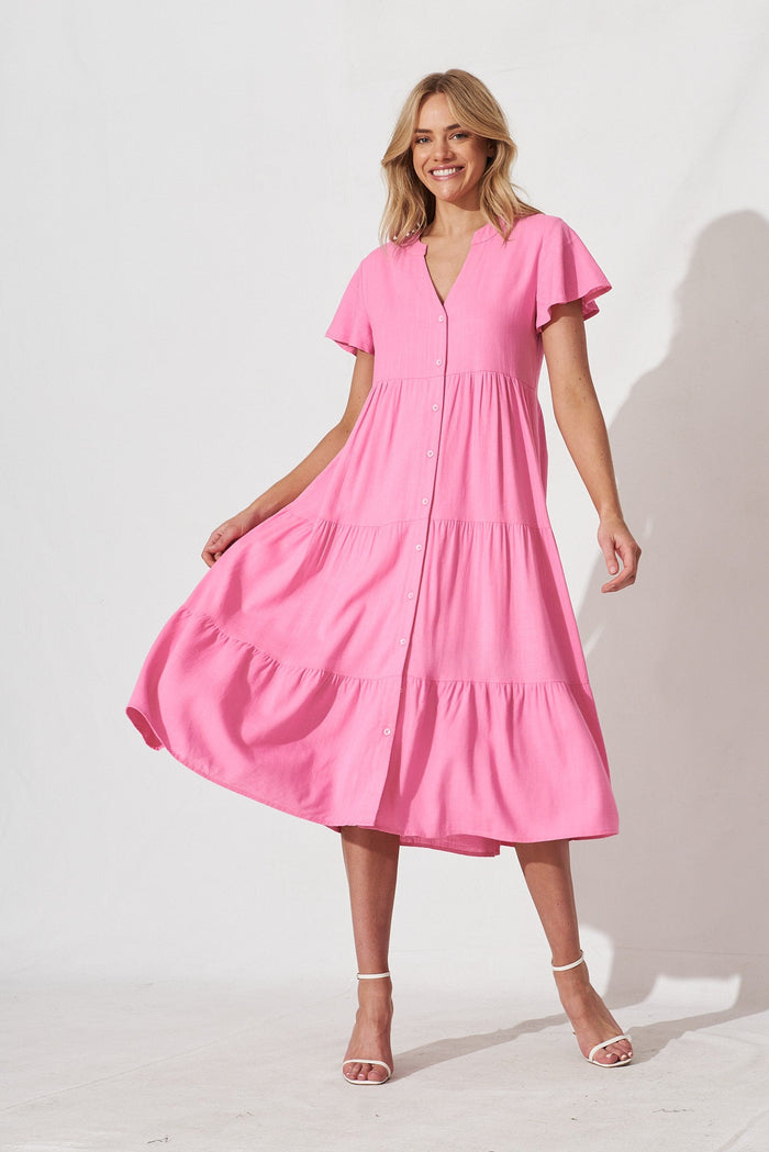 Marvela Midi Shirt Dress In Candy Pink Linen Blend - full length