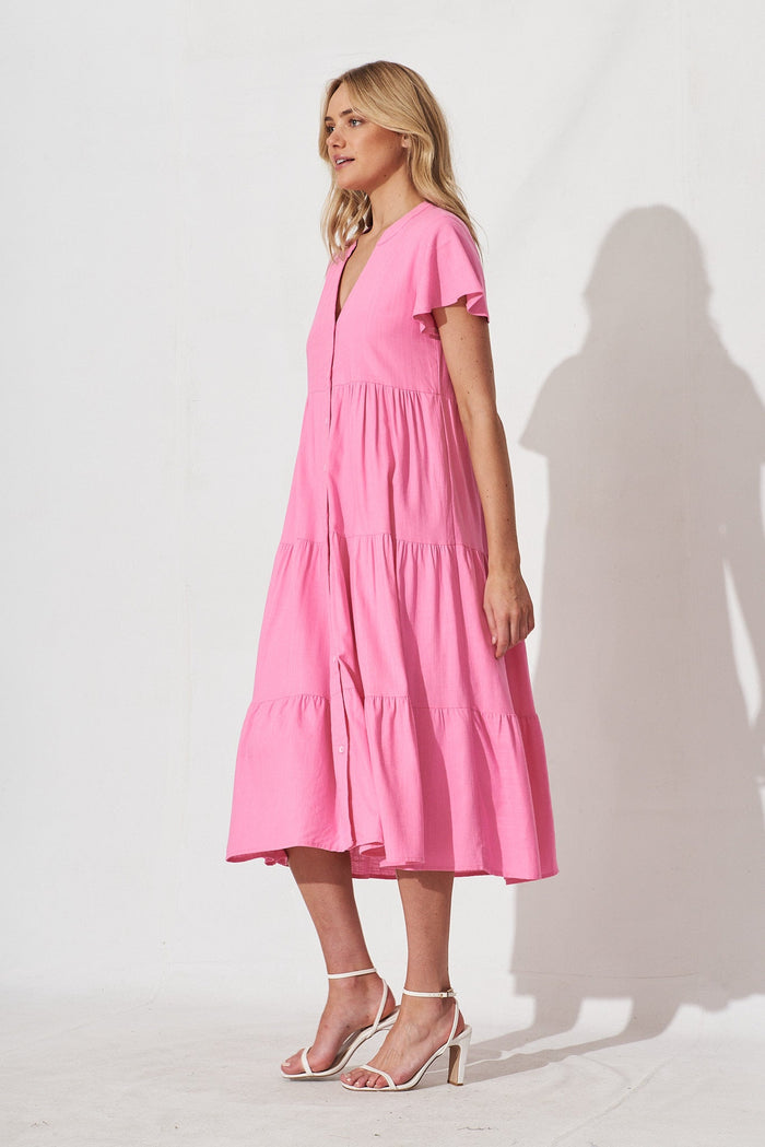 Marvela Midi Shirt Dress In Candy Pink Linen Blend - side