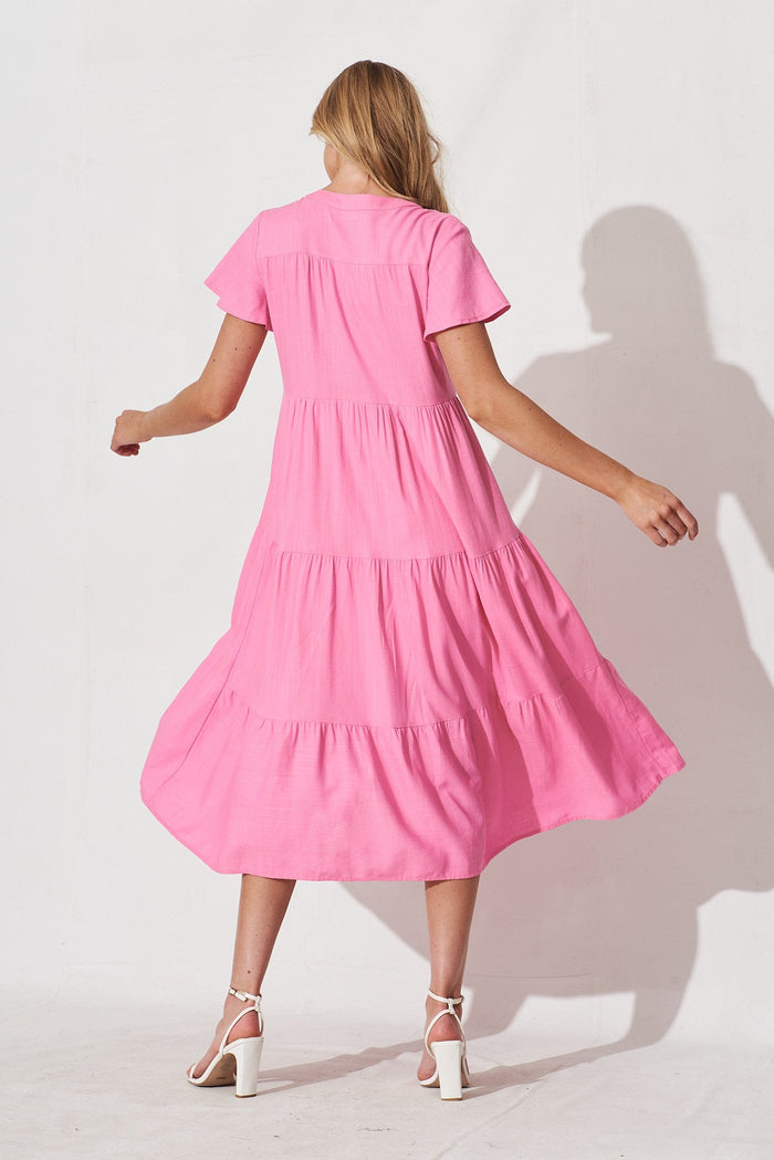 Marvela Midi Shirt Dress In Candy Pink Linen Blend - back