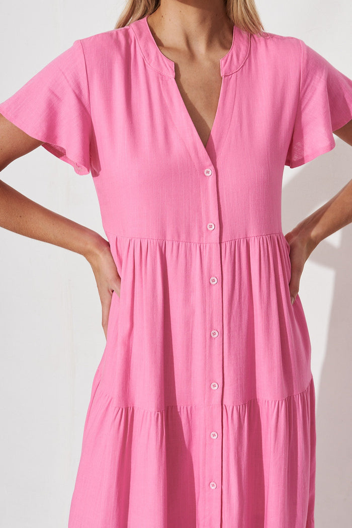 Marvela Midi Shirt Dress In Candy Pink Linen Blend - detail