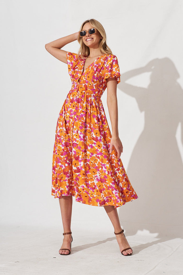 Nikke Midi Dress In White With Rust Purple Floral - full length