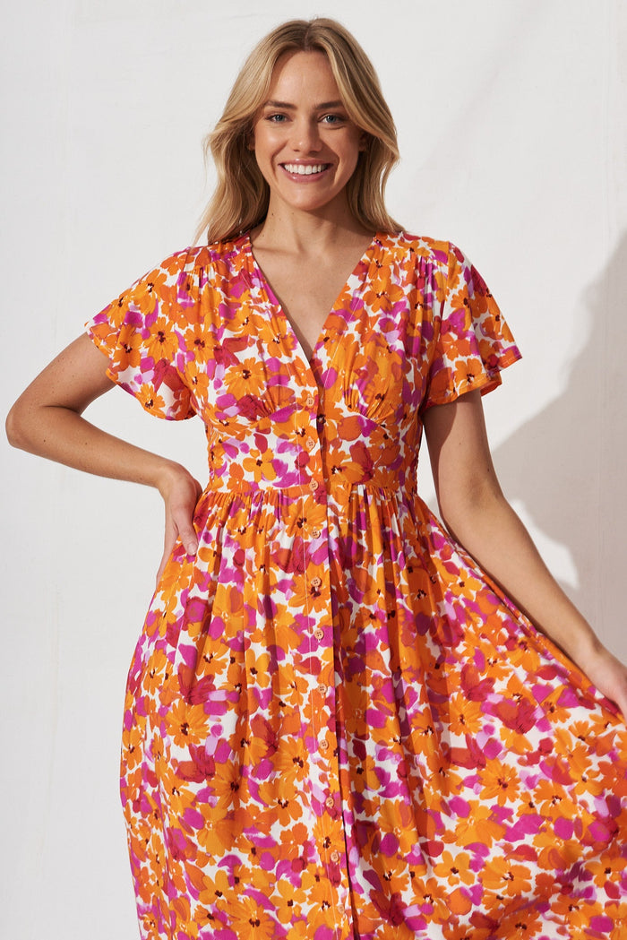 Nikke Midi Dress In White With Rust Purple Floral - front