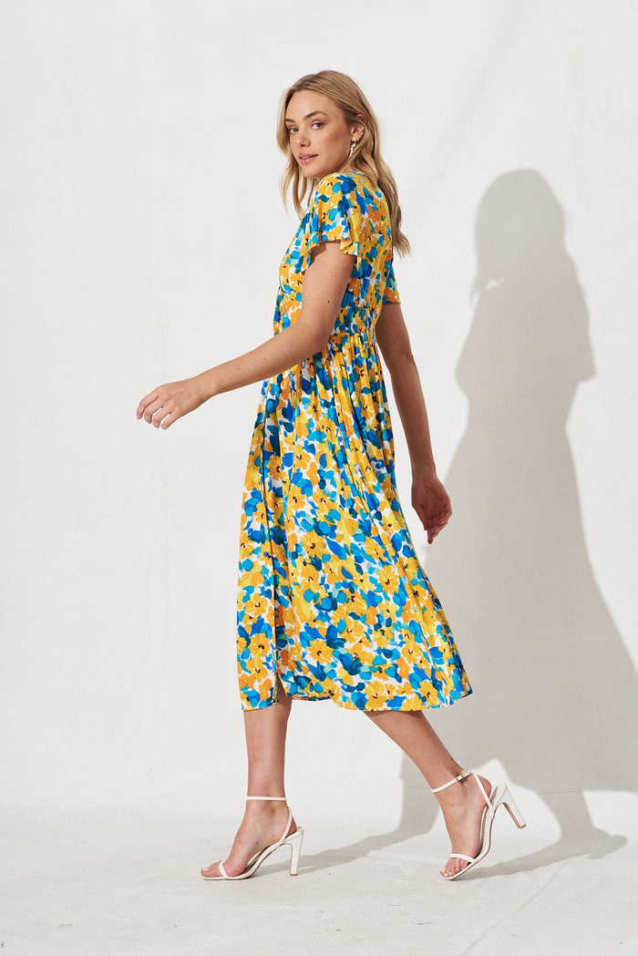 Nikke Midi Dress In Yellow With Blue Floral - side
