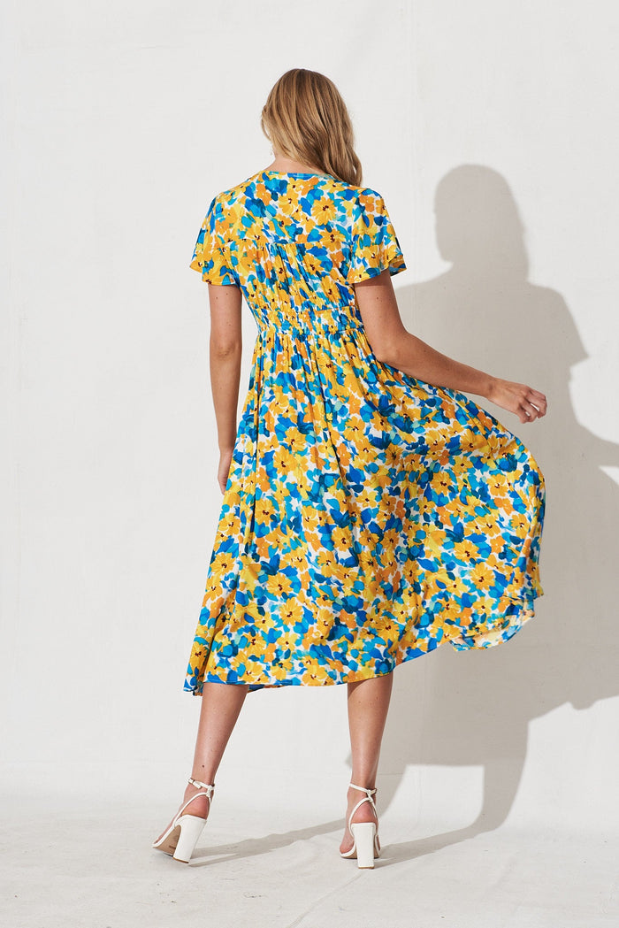 Nikke Midi Dress In Yellow With Blue Floral - back
