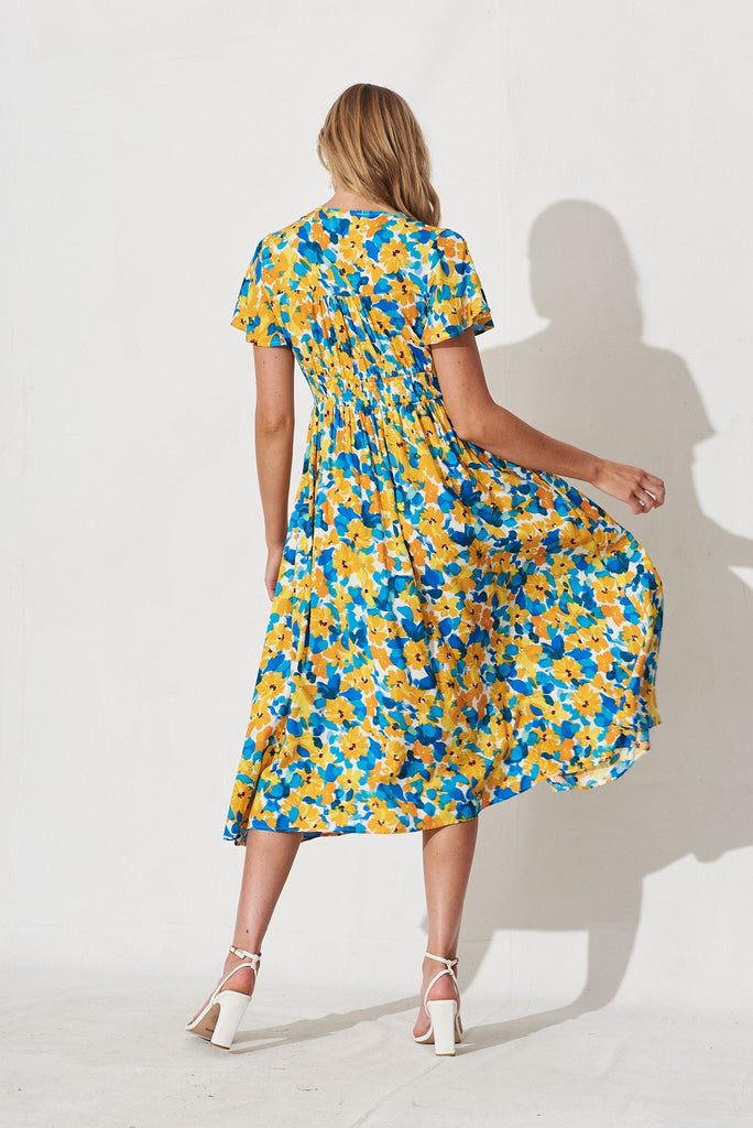 Nikke Midi Dress In Yellow With Blue Floral - back