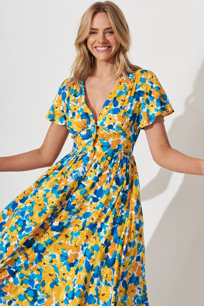 Nikke Midi Dress In Yellow With Blue Floral - front
