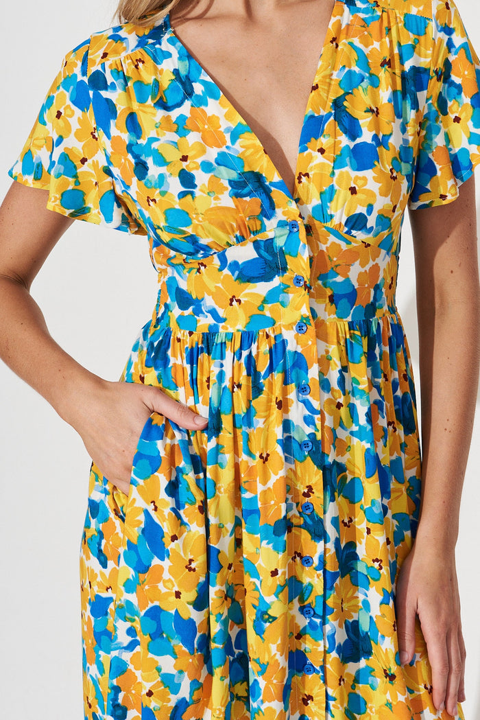 Nikke Midi Dress In Yellow With Blue Floral - detail