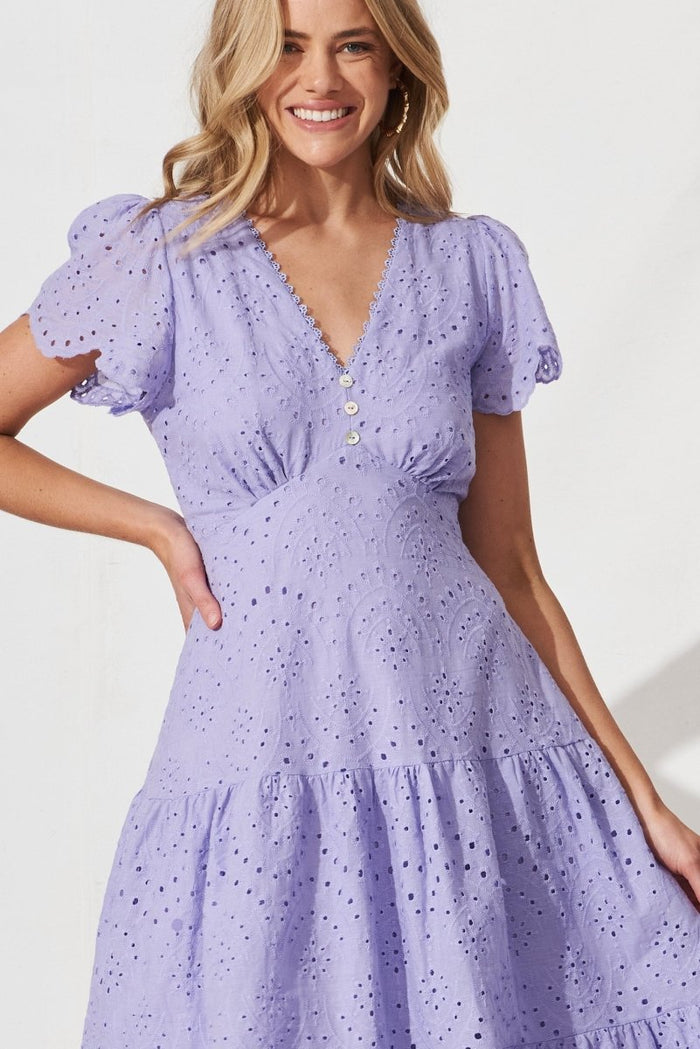 Charm Midi Dress In Lilac Cotton Broderie - St Frock (Dev)