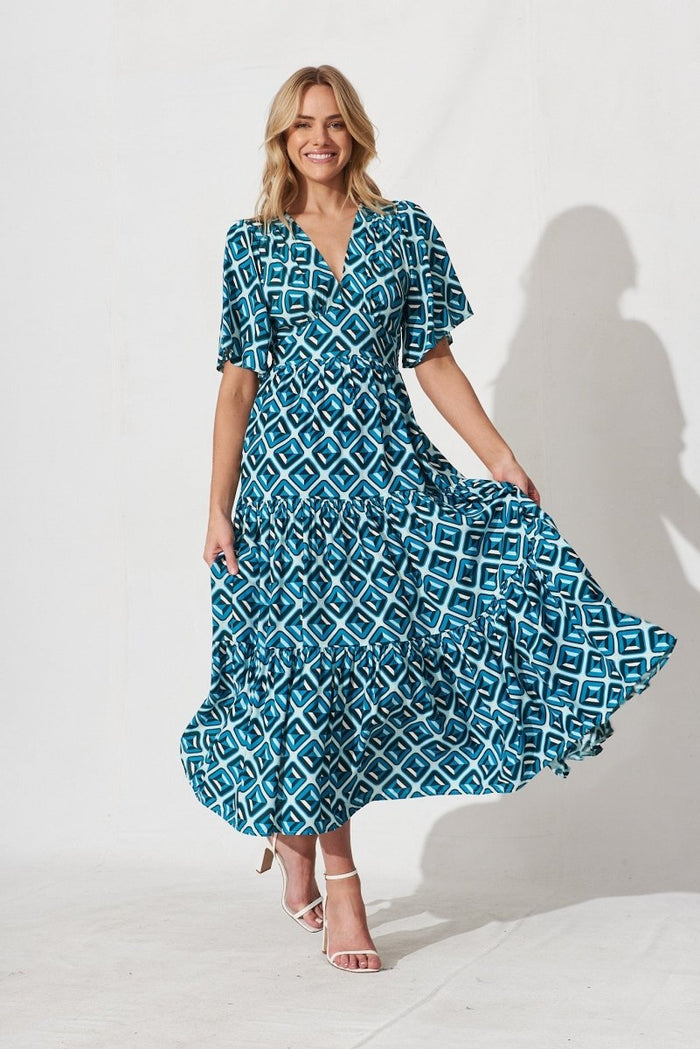 Caitlyn Maxi Dress In Teal Geometric Print - St Frock (Dev)