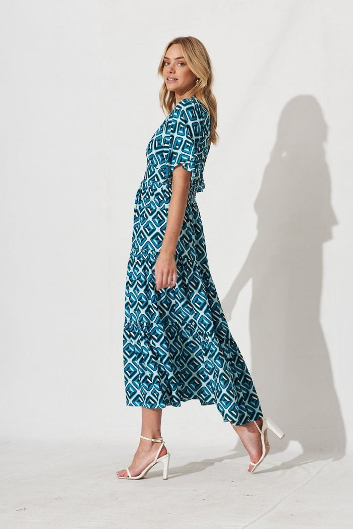 Caitlyn Maxi Dress In Teal Geometric Print - St Frock (Dev)