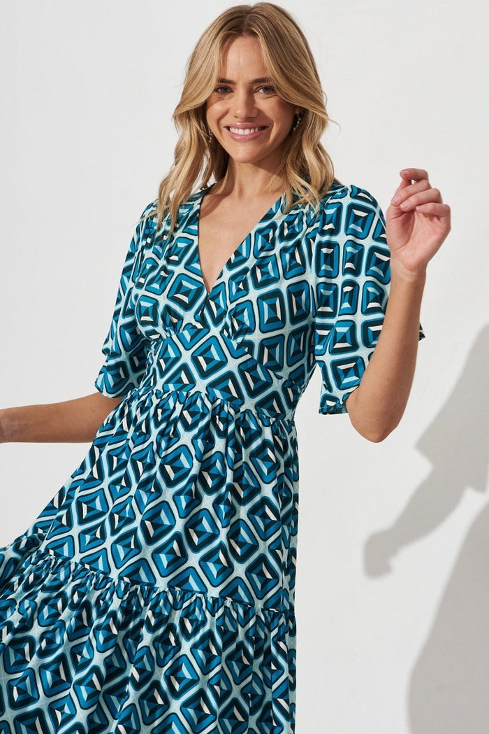 Caitlyn Maxi Dress In Teal Geometric Print - St Frock (Dev)
