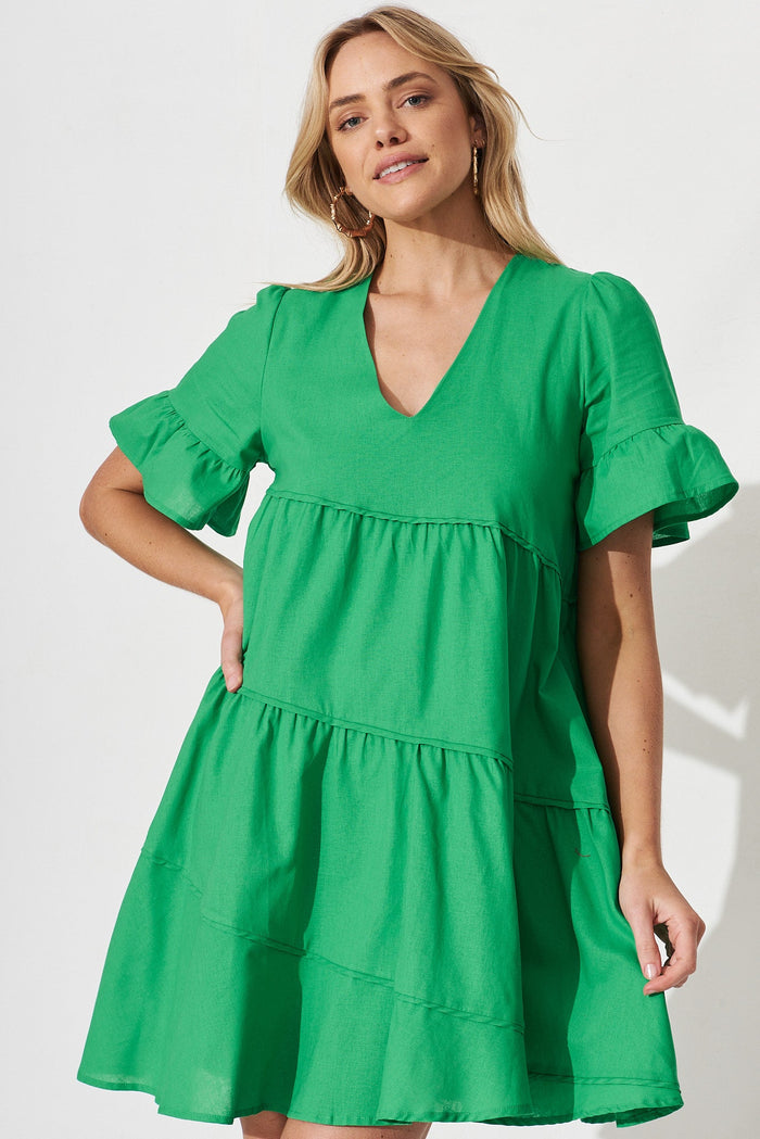 Jazzy Smock Dress In Green Cotton - front