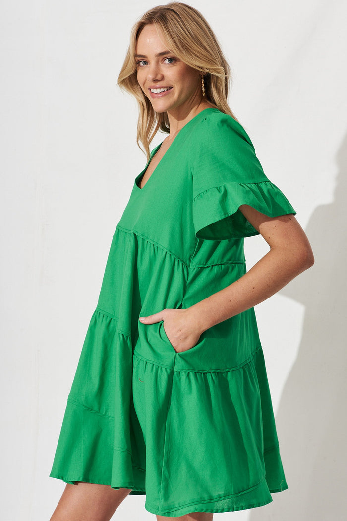 Jazzy Smock Dress In Green Cotton - side