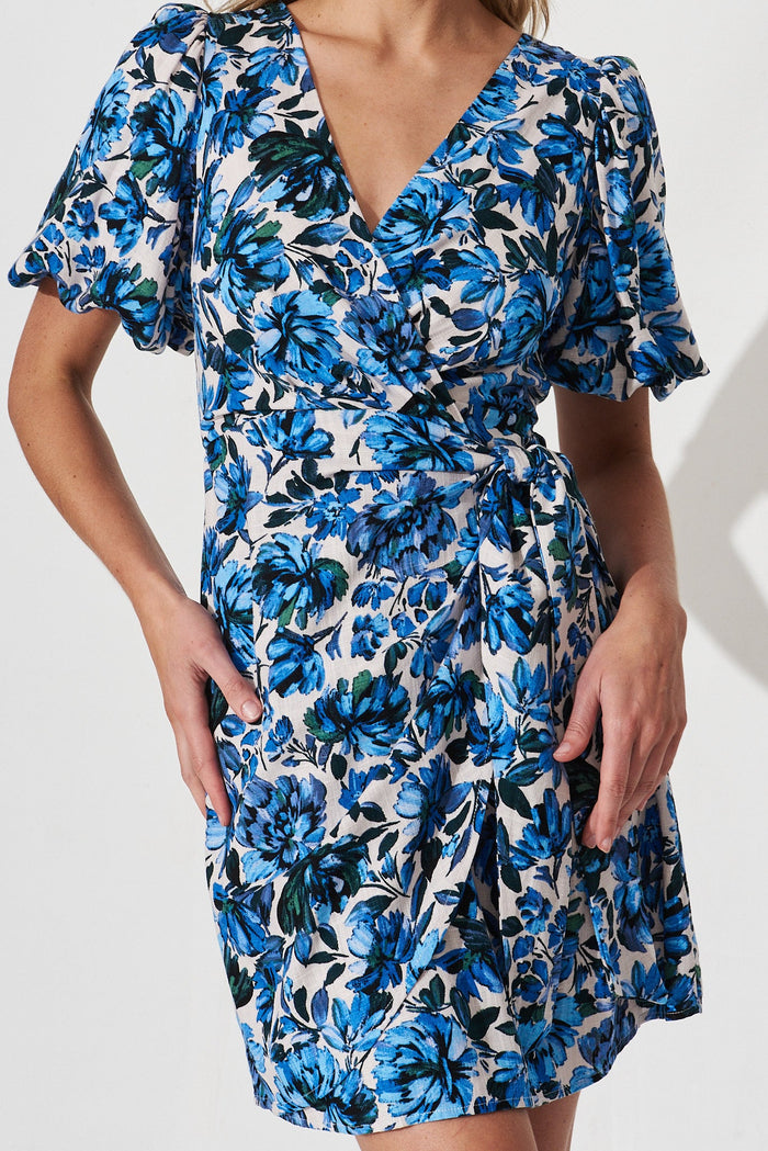 Everla Dress In White With Blue Floral Linen Blend - detail