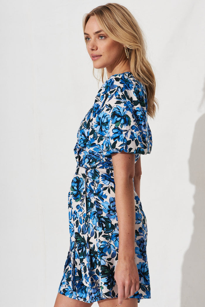 Everla Dress In White With Blue Floral Linen Blend - side