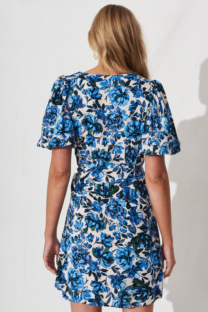 Everla Dress In White With Blue Floral Linen Blend - back