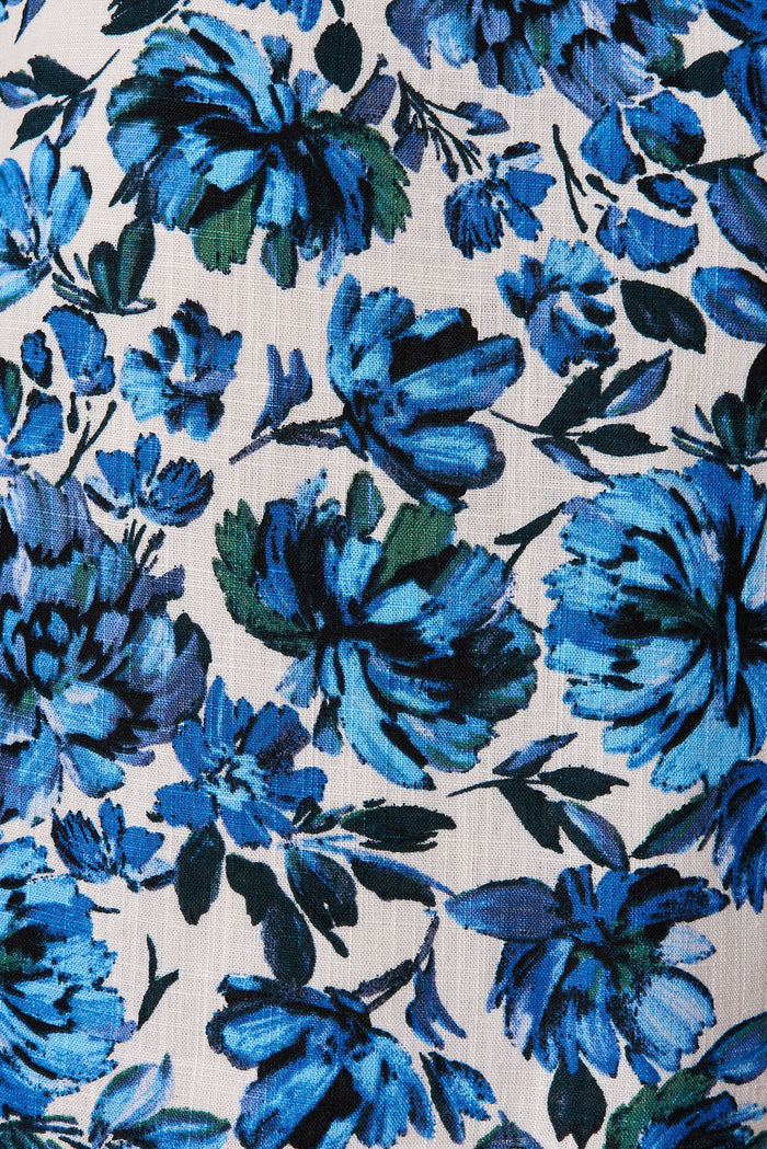 Everla Dress In White With Blue Floral Linen Blend - fabric