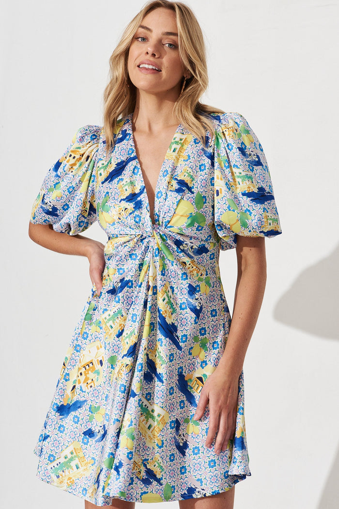 Jinny Dress In White With Blue Print Satin - front