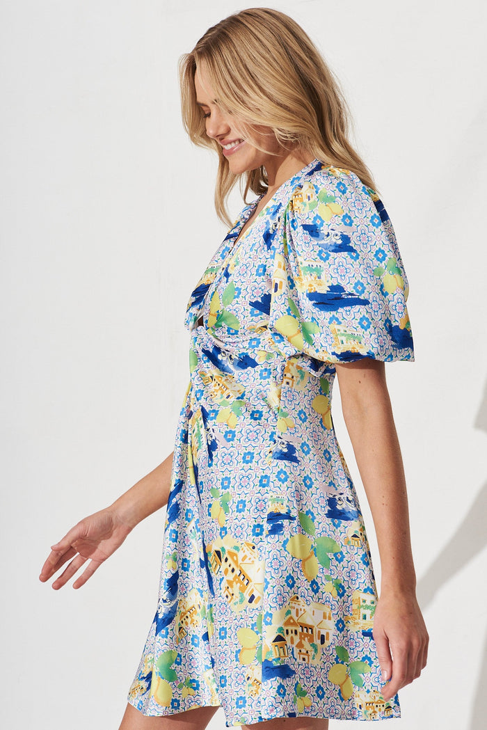 Jinny Dress In White With Blue Print Satin - side