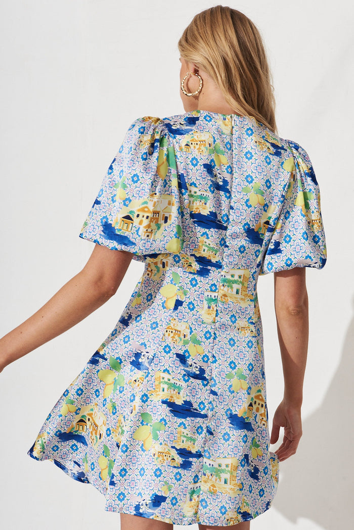 Jinny Dress In White With Blue Print Satin - back
