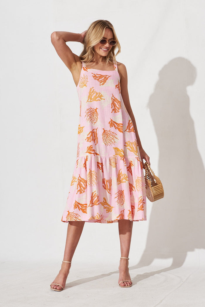 Alaine Midi Dress In Pink With Orange Print Linen Blend - full length