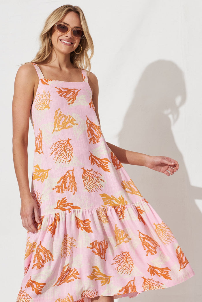 Alaine Midi Dress In Pink With Orange Print Linen Blend - front