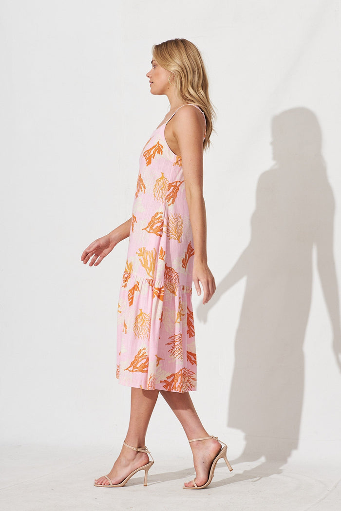 Alaine Midi Dress In Pink With Orange Print Linen Blend - side