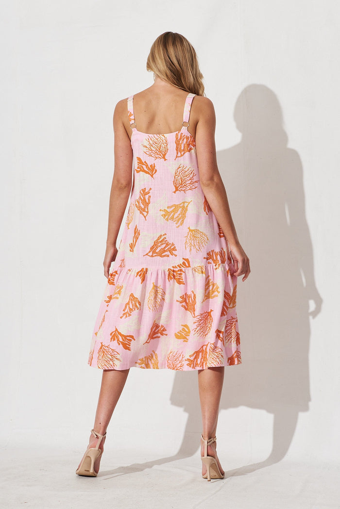 Alaine Midi Dress In Pink With Orange Print Linen Blend - back