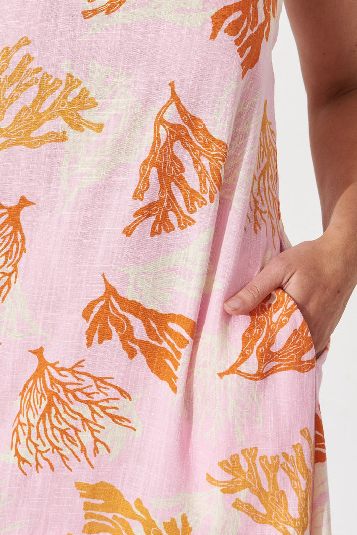 Alaine Midi Dress In Pink With Orange Print Linen Blend - detail